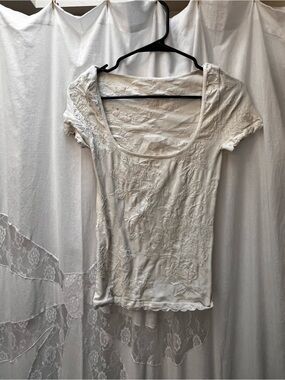 Free People Cream Scoop Neck Embroidered Short Sleeve Top